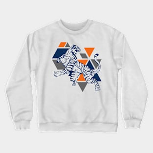 Retro 80s Orange and Navy Tiger on the Attack // Vintage Geometric Shapes Background Crewneck Sweatshirt